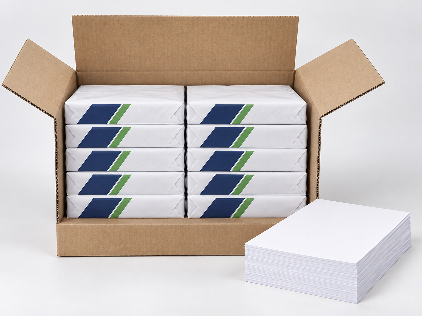 Open case containing ten reams of letter-size white copy paper
