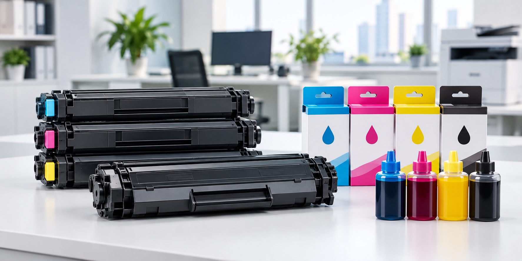 Color toner cartridges and bottled printer ink supplies